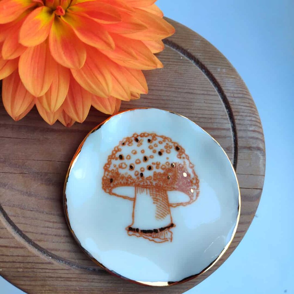 Enchanted Forest Porcelain Mushroom Ring Holder Trinket with Gold Lustre Cabin Ceramics